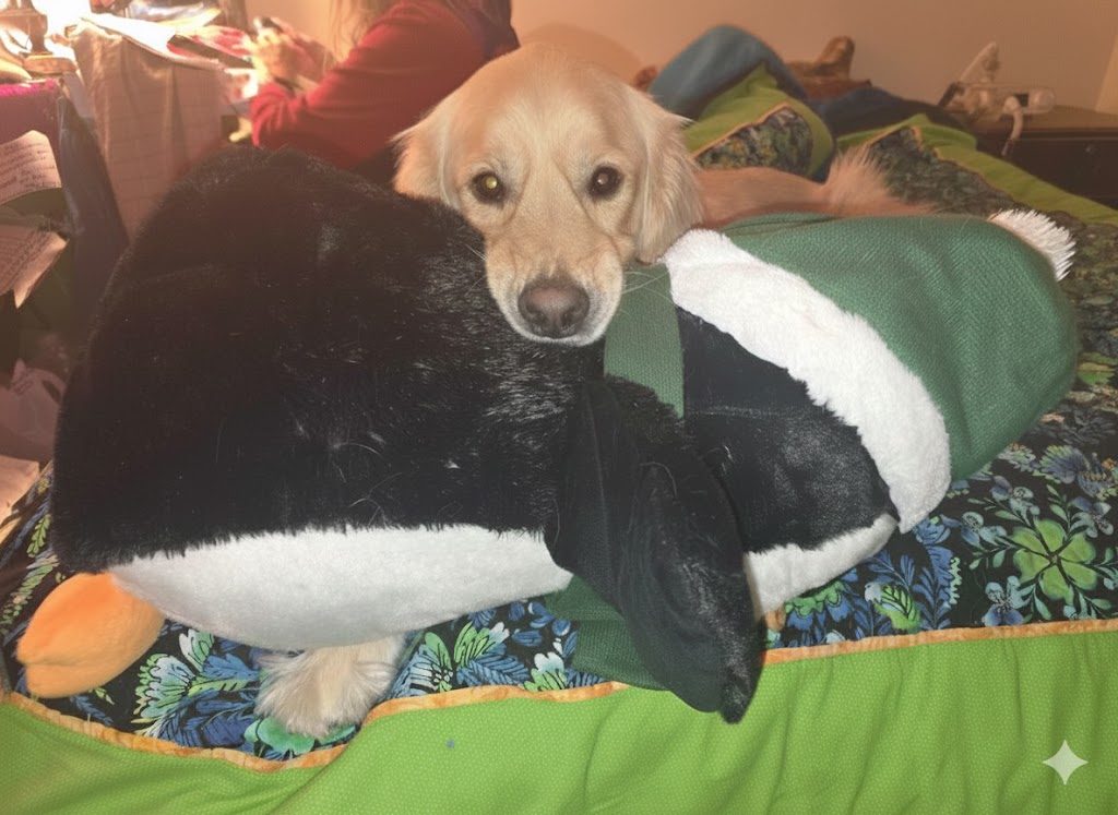 A dog with a giant toy